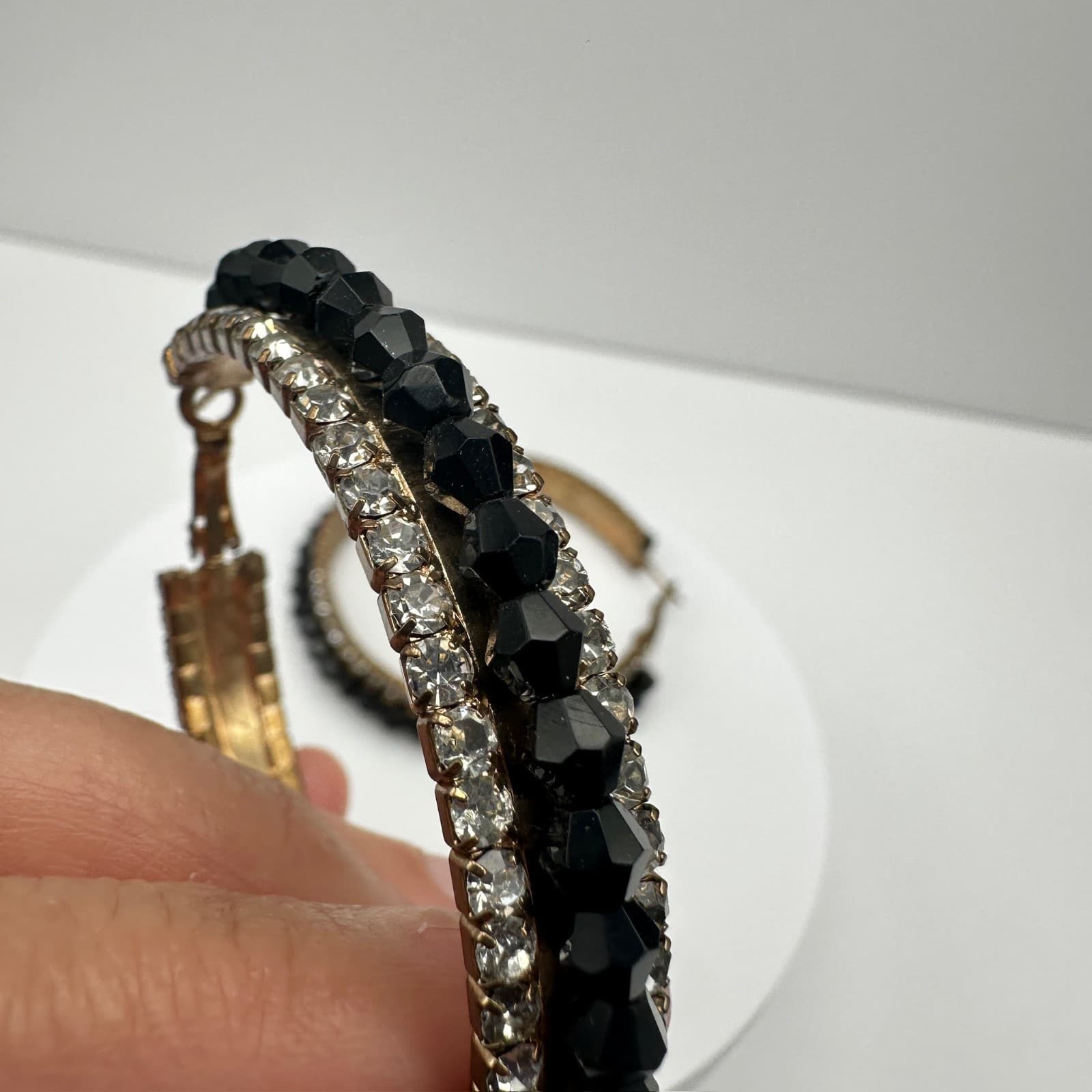 Vintage 90s Black Bead Clear Rhinestone Large Hoop Earrings Fashion Jewelry - Thumbnail 11