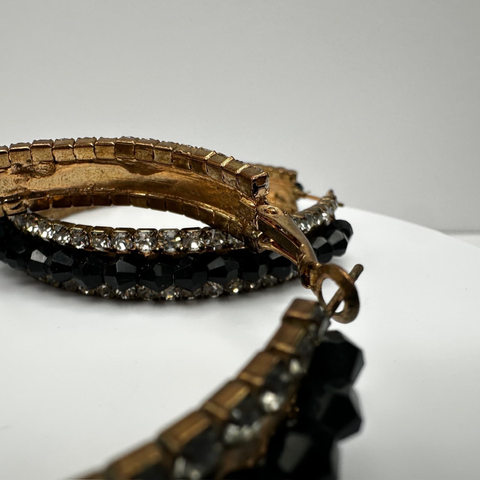 Vintage 90s Black Bead Clear Rhinestone Large Hoop Earrings Fashion Jewelry - Thumbnail 8