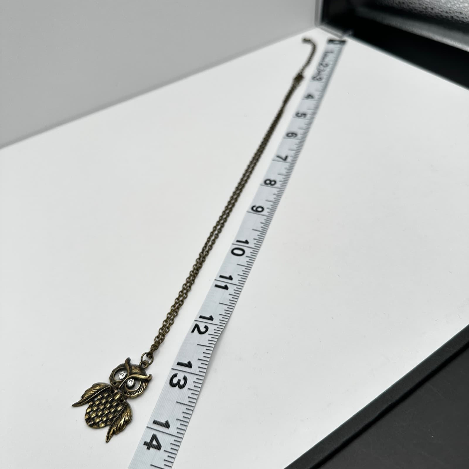 Vintage 90s Bronze Owl Pendant Necklace Crystal Eyes Boho Whimsical Jewelry - Thumbnail 11