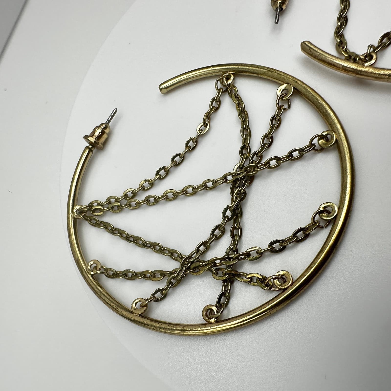 Vintage 90s Gold Tone Large Hoop Earrings Chain Web Geometric Women's Jewelry - Thumbnail 3