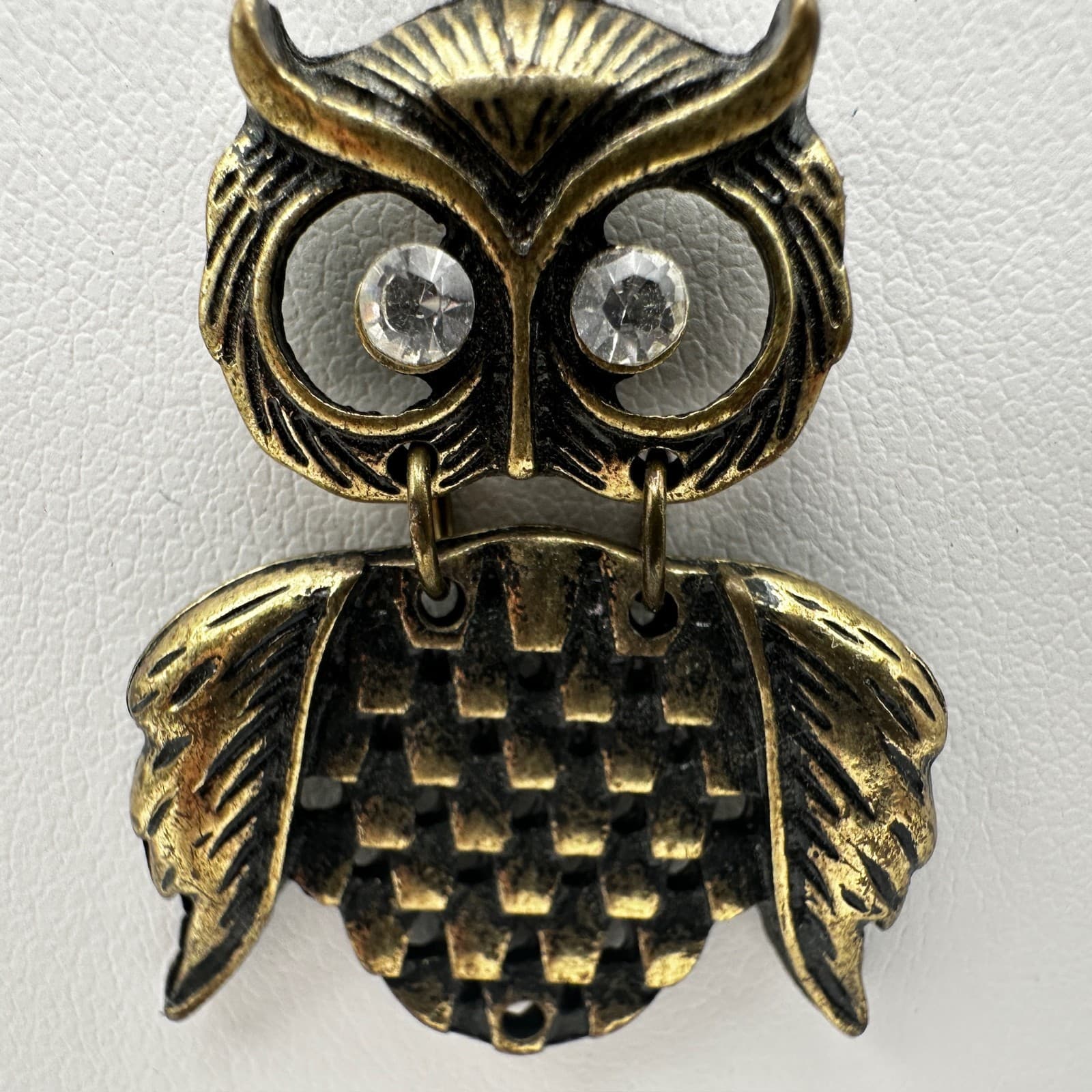 Vintage 90s Bronze Owl Pendant Necklace Crystal Eyes Boho Whimsical Jewelry - Thumbnail 6