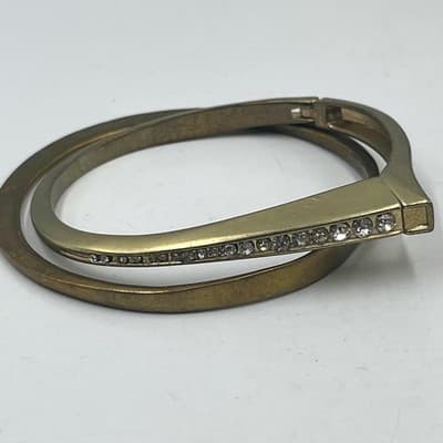 Vintage Gold Tone Bangle Bracelet Lot Rhinestone Hinged Cuff Minimalist Modern - Image 1