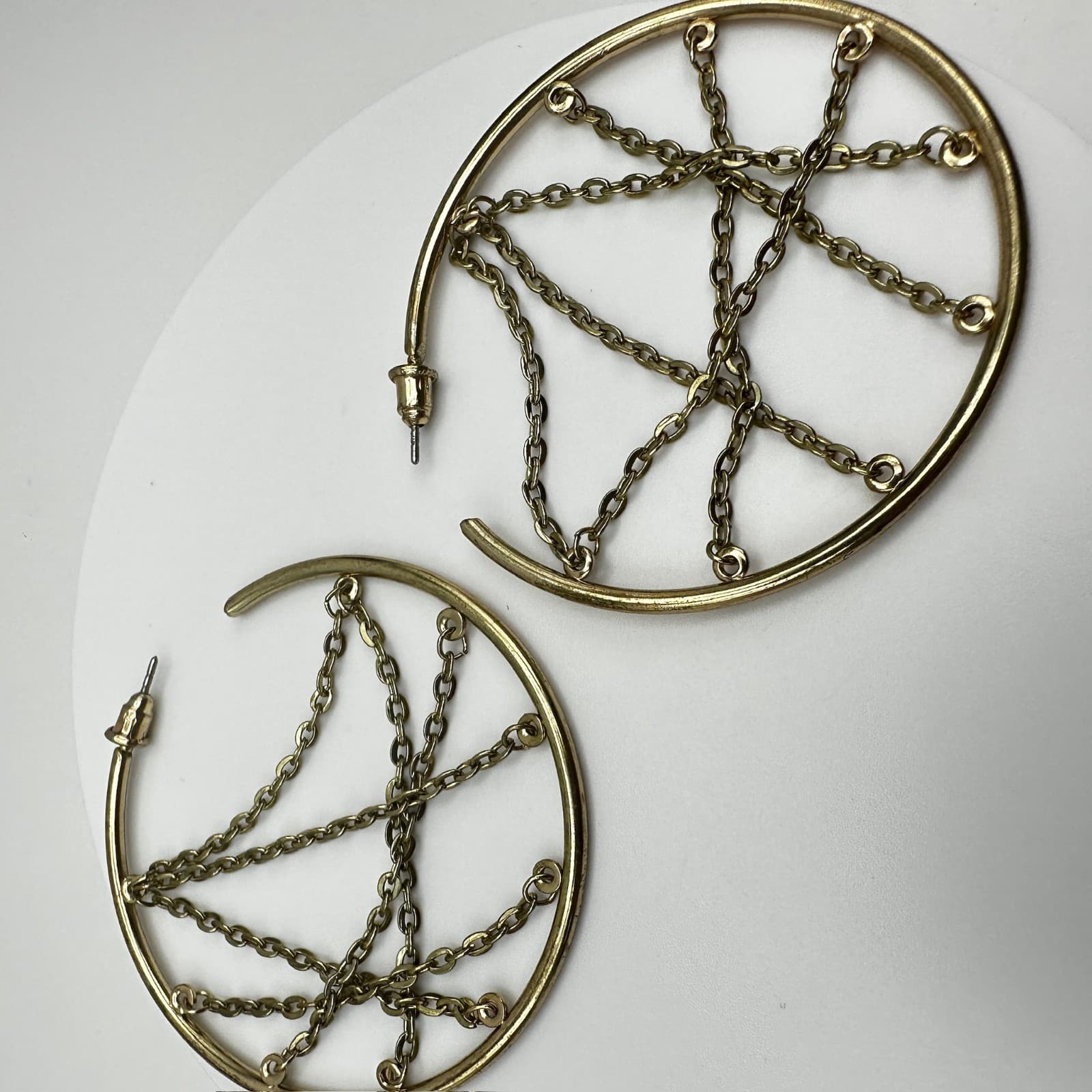 Vintage 90s Gold Tone Large Hoop Earrings Chain Web Geometric Women's Jewelry - Thumbnail 2