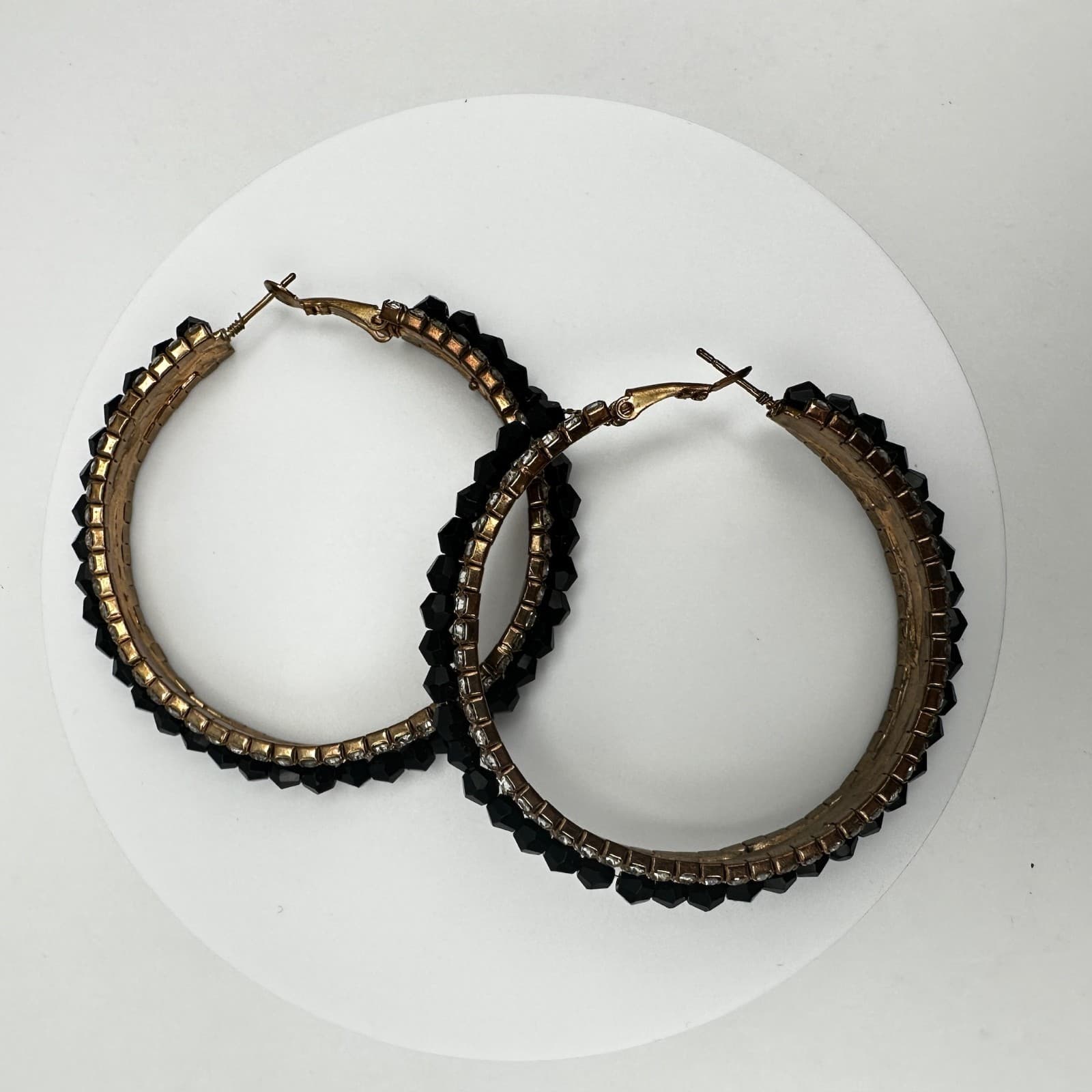 Vintage 90s Black Bead Clear Rhinestone Large Hoop Earrings Fashion Jewelry - Thumbnail 10