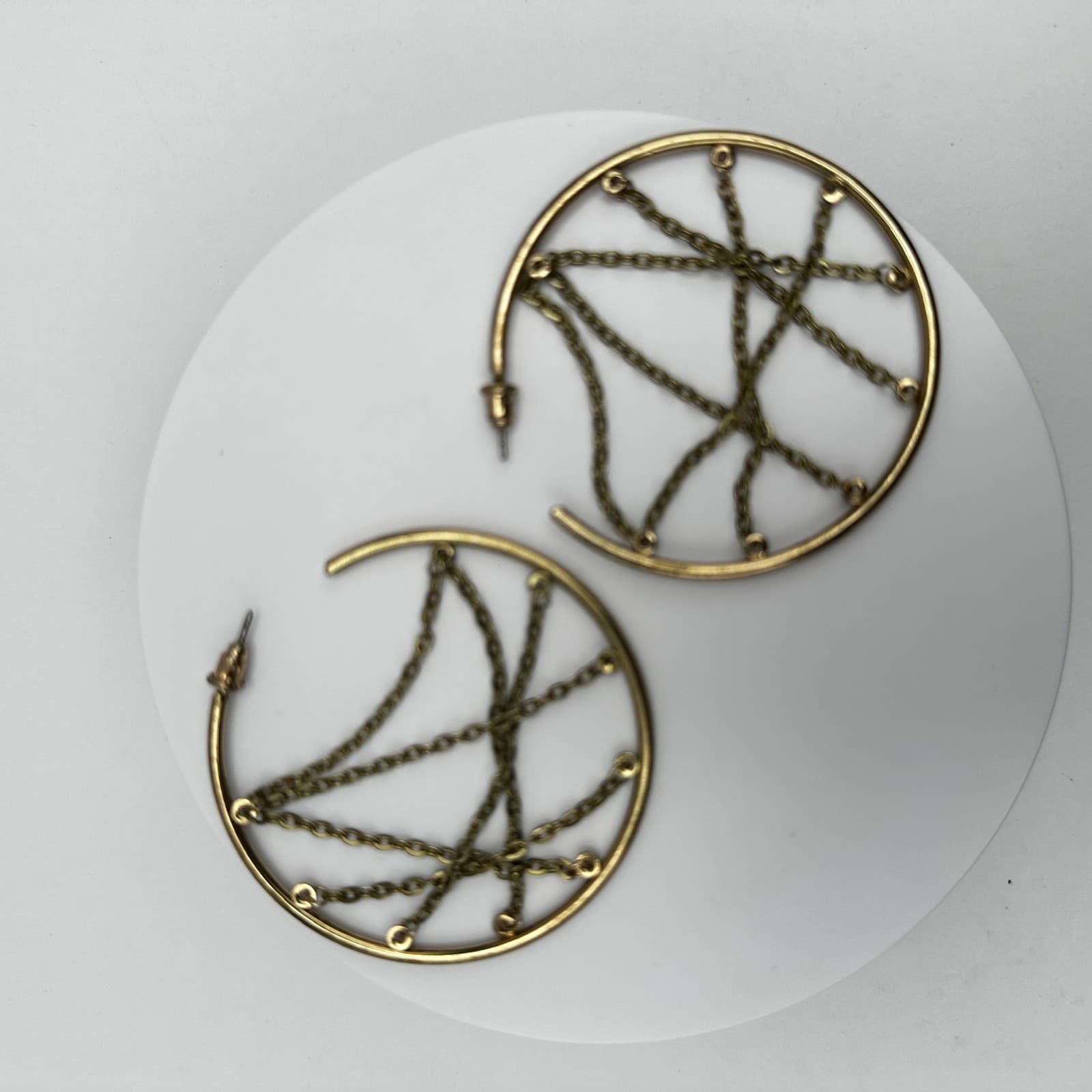 Vintage 90s Gold Tone Large Hoop Earrings Chain Web Geometric Women's Jewelry - Image 1