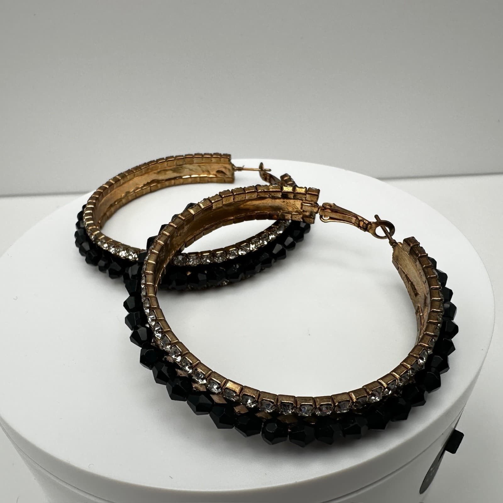 Vintage 90s Black Bead Clear Rhinestone Large Hoop Earrings Fashion Jewelry - Thumbnail 4