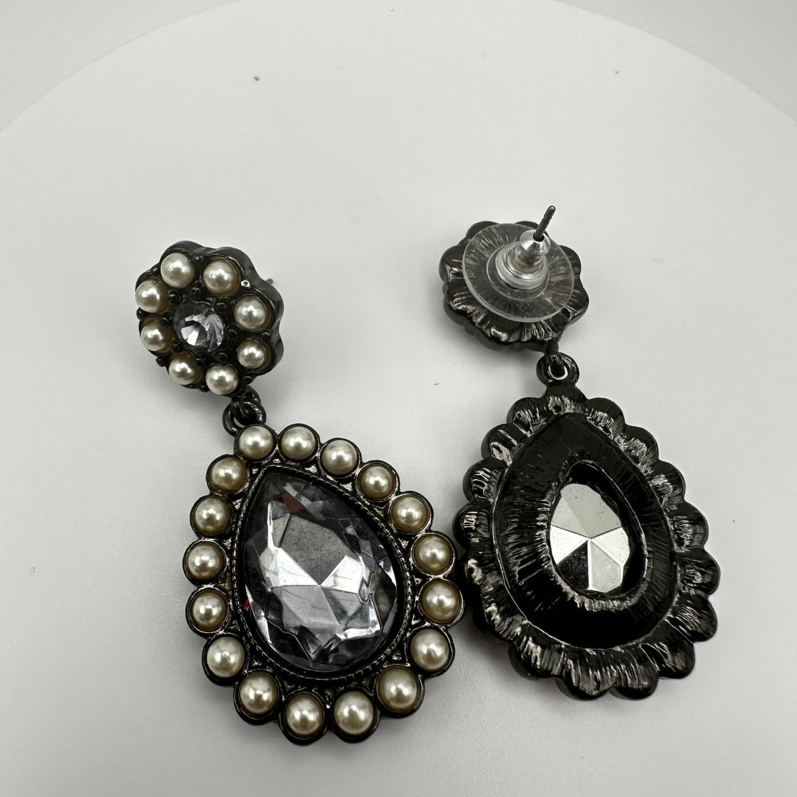 Vintage 90s Teardrop Pearl Gunmetal Earrings Dangal Statement Women's Jewelry - Thumbnail 7
