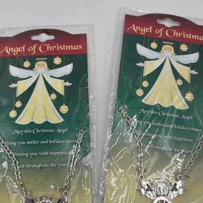 2pc Silver Tone Angel of Christmas Holly Festive Holiday Gift Pendant Necklace - Thumbnail 2