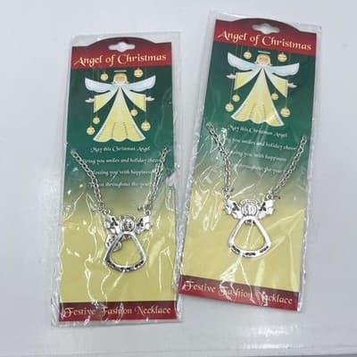 2pc Silver Tone Angel of Christmas Holly Festive Holiday Gift Pendant Necklace - Image 1