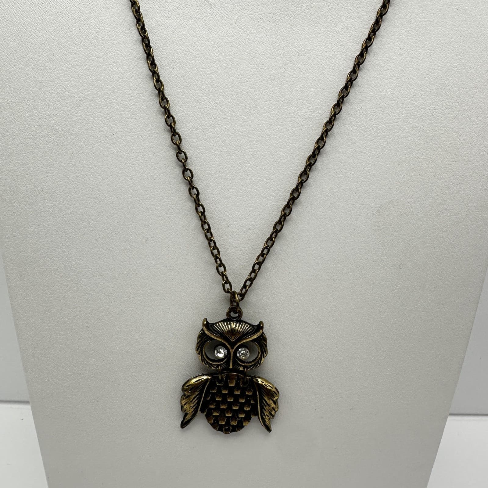 Vintage 90s Bronze Owl Pendant Necklace Crystal Eyes Boho Whimsical Jewelry - Thumbnail 2