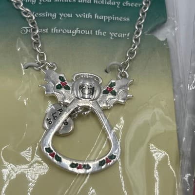 2pc Silver Tone Angel of Christmas Holly Festive Holiday Gift Pendant Necklace - Thumbnail 3