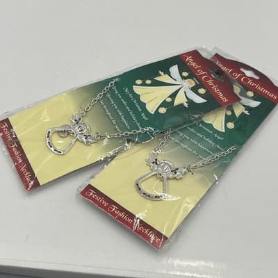 2pc Silver Tone Angel of Christmas Holly Festive Holiday Gift Pendant Necklace - Thumbnail 5