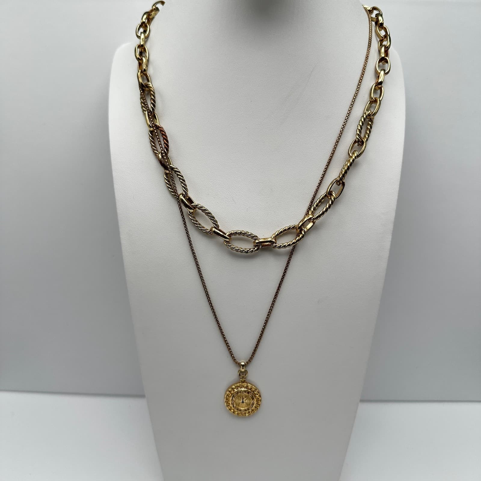 Vintage 90s Express Gold Tone Layered Necklace Compass Medallion Chunky Link - Image 1