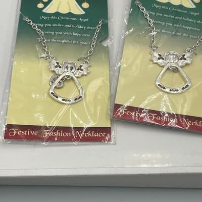2pc Silver Tone Angel of Christmas Holly Festive Holiday Gift Pendant Necklace - Thumbnail 4