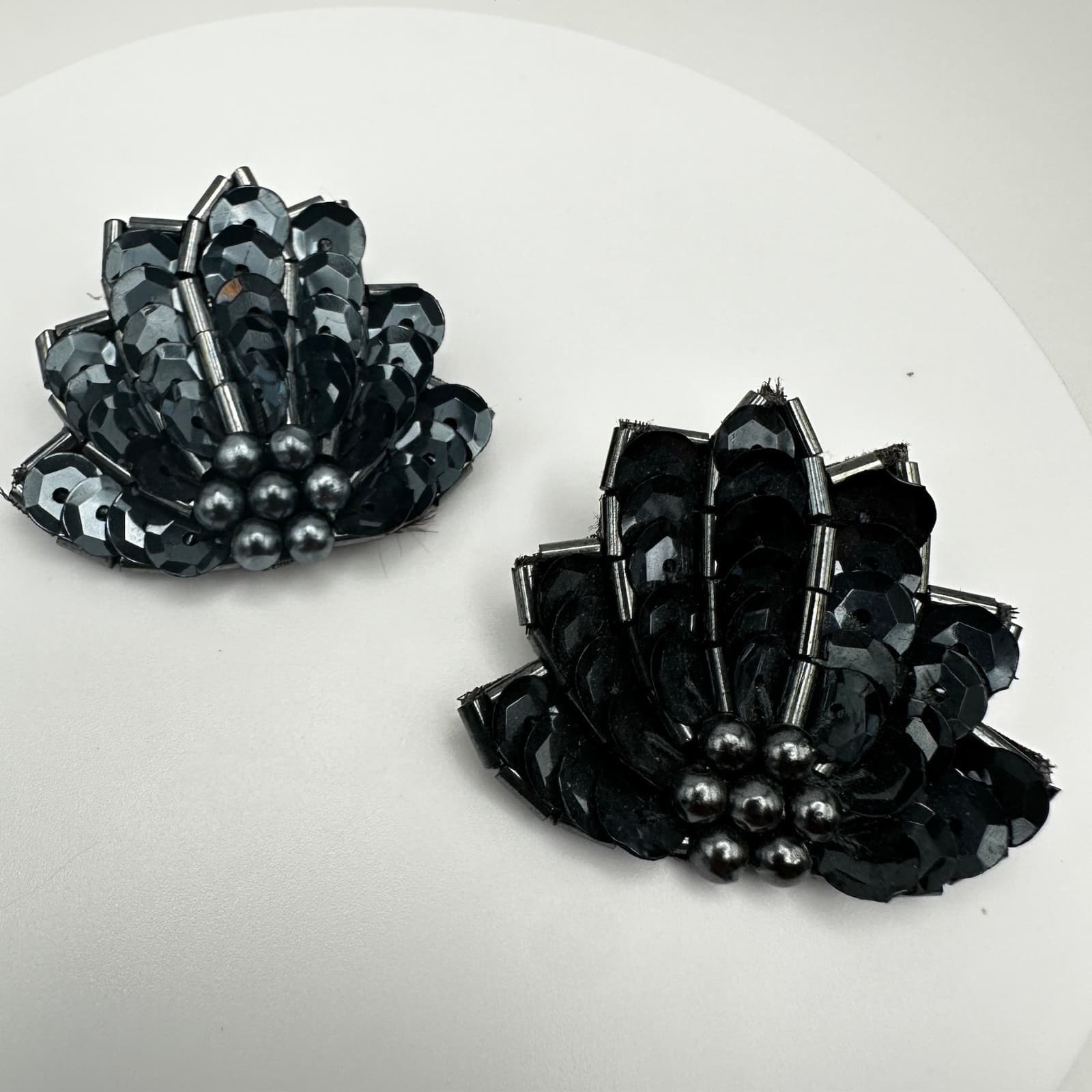 Vintage 80s Black Beaded Sequin Statement Floral Earrings Women's Jewelry - Thumbnail 9