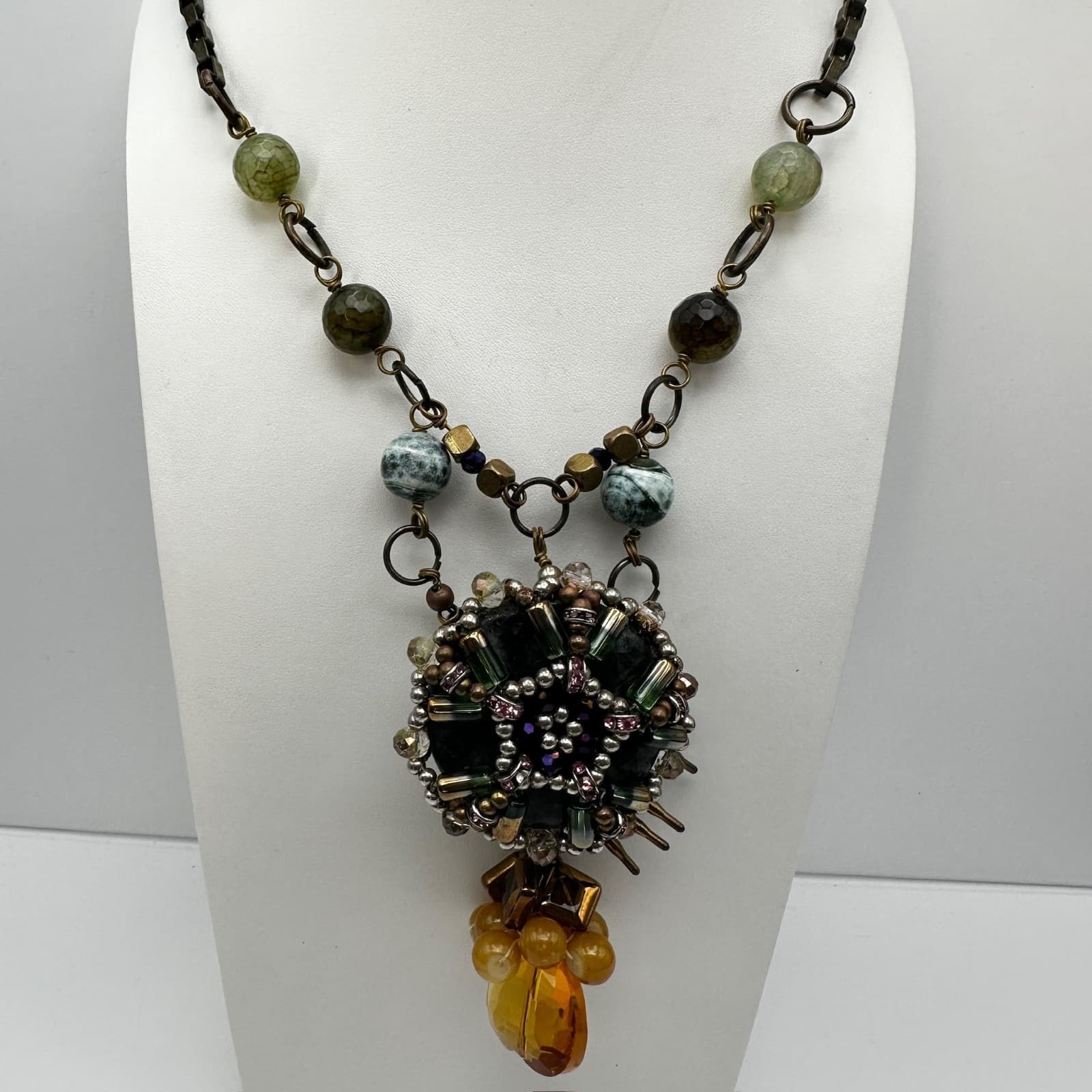 Vintage 90s Stone Bead Statement Necklace Boho Lobster Clasp Women's Jewelry - Thumbnail 13