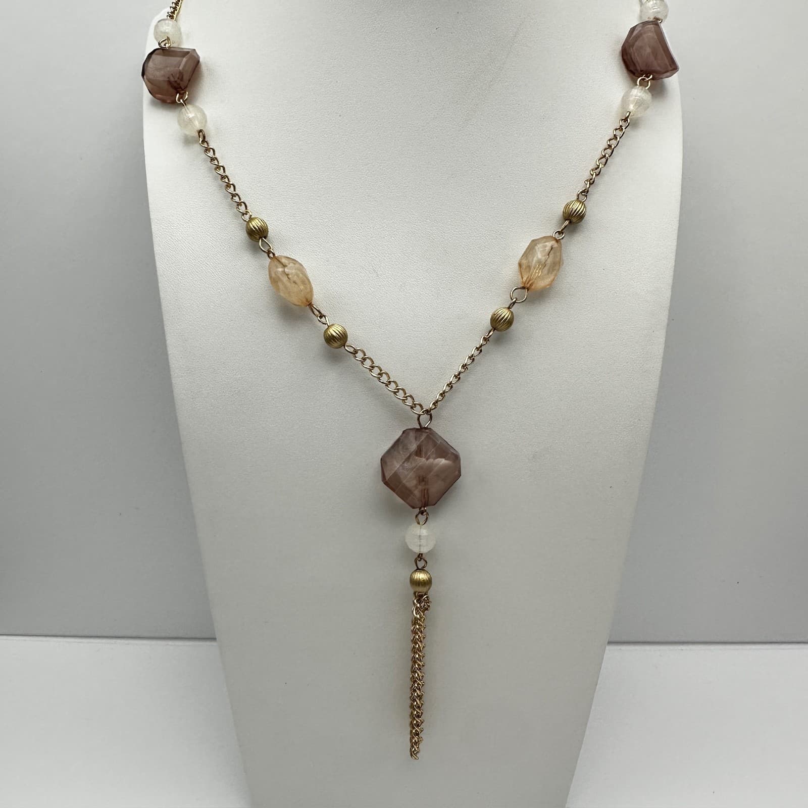 Vintage Y2K Gold Tone Long Tassel Necklace Smoky Amber Glass Bead Boho Jewelry - Image 1