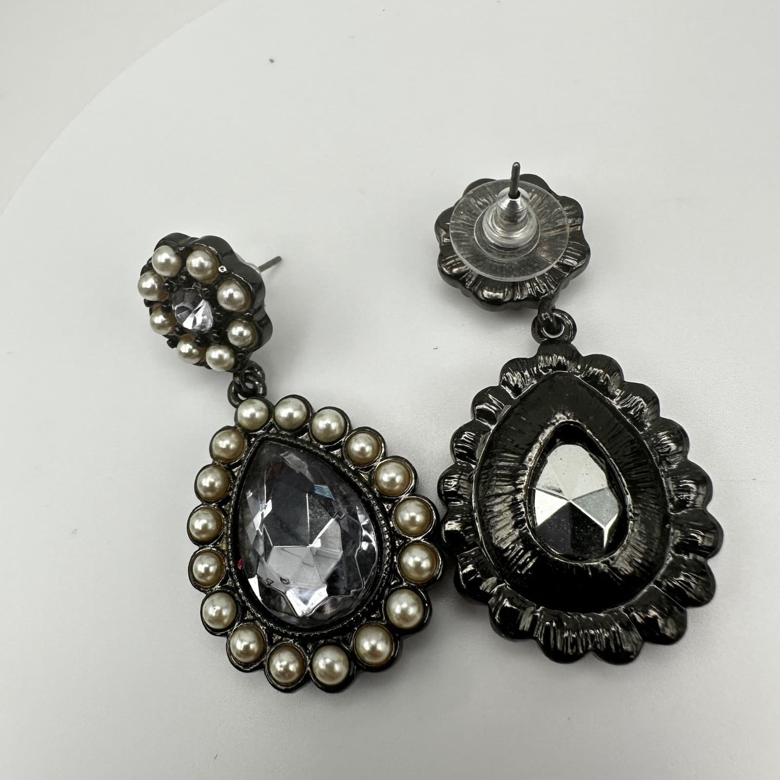 Vintage 90s Teardrop Pearl Gunmetal Earrings Dangal Statement Women's Jewelry - Thumbnail 8