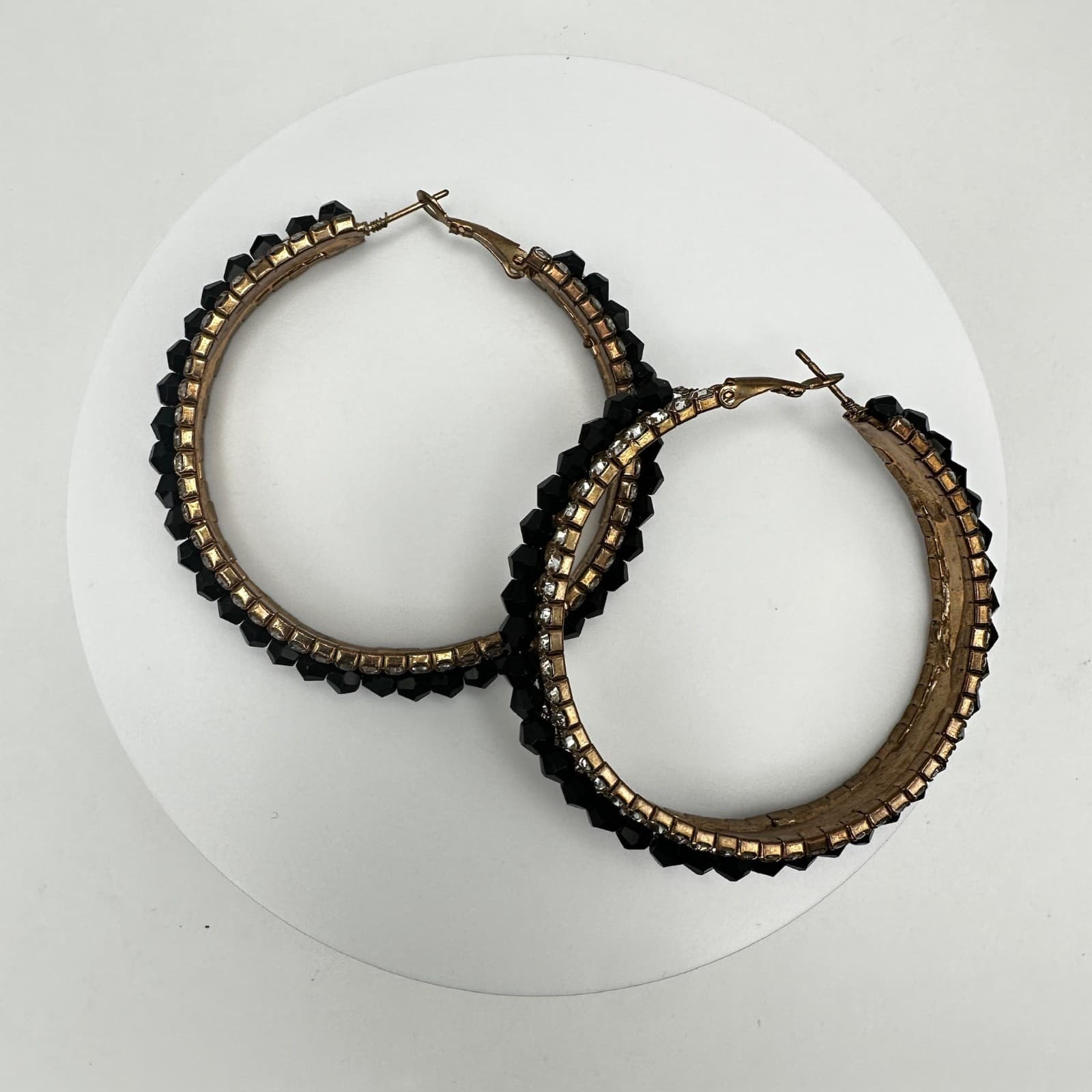 Vintage 90s Black Bead Clear Rhinestone Large Hoop Earrings Fashion Jewelry - Image 1