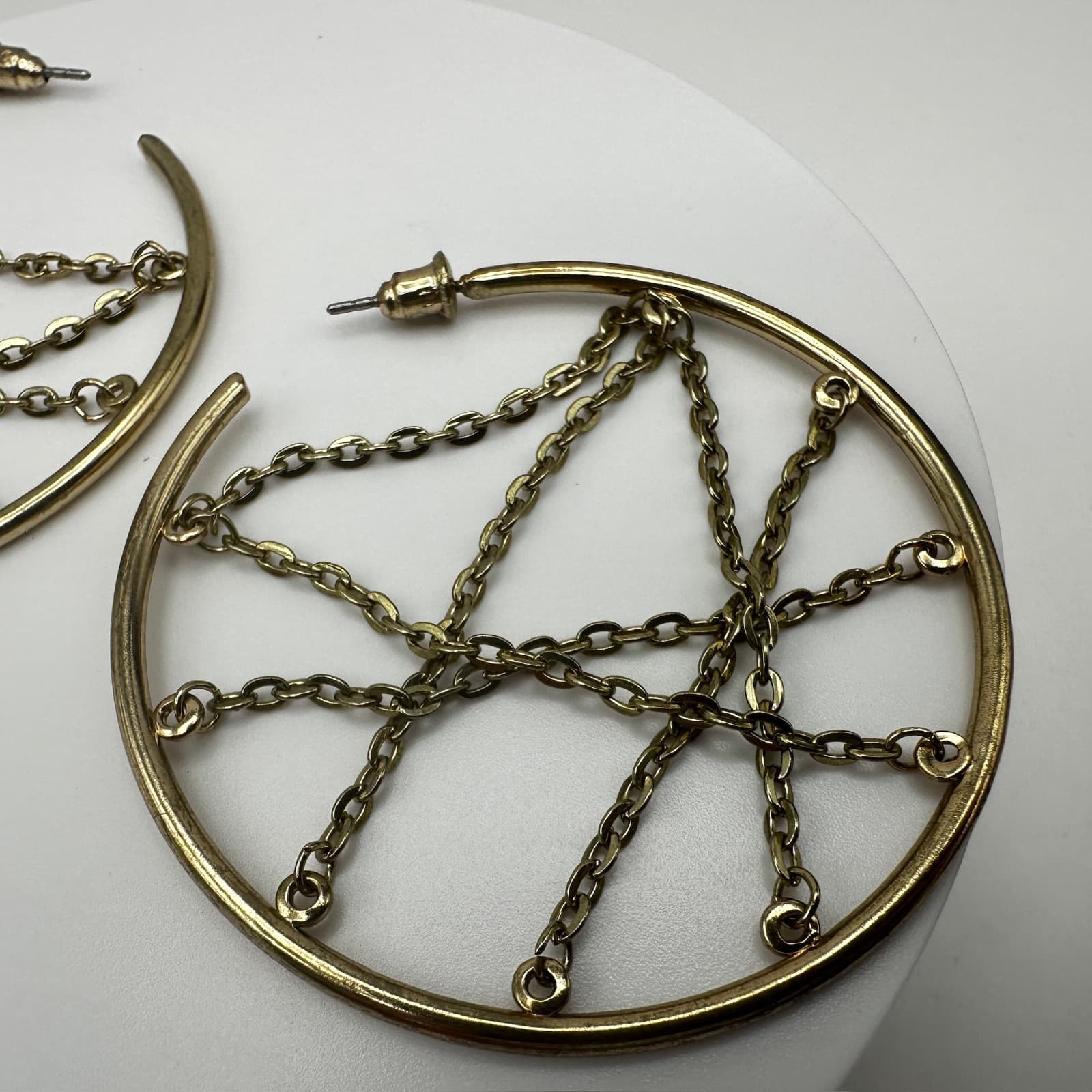 Vintage 90s Gold Tone Large Hoop Earrings Chain Web Geometric Women's Jewelry - Thumbnail 6