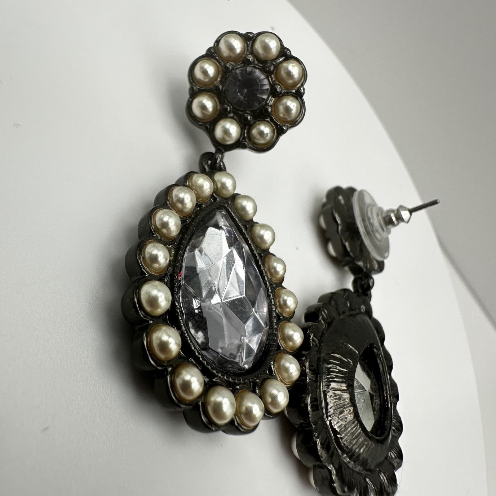 Vintage 90s Teardrop Pearl Gunmetal Earrings Dangal Statement Women's Jewelry - Thumbnail 9