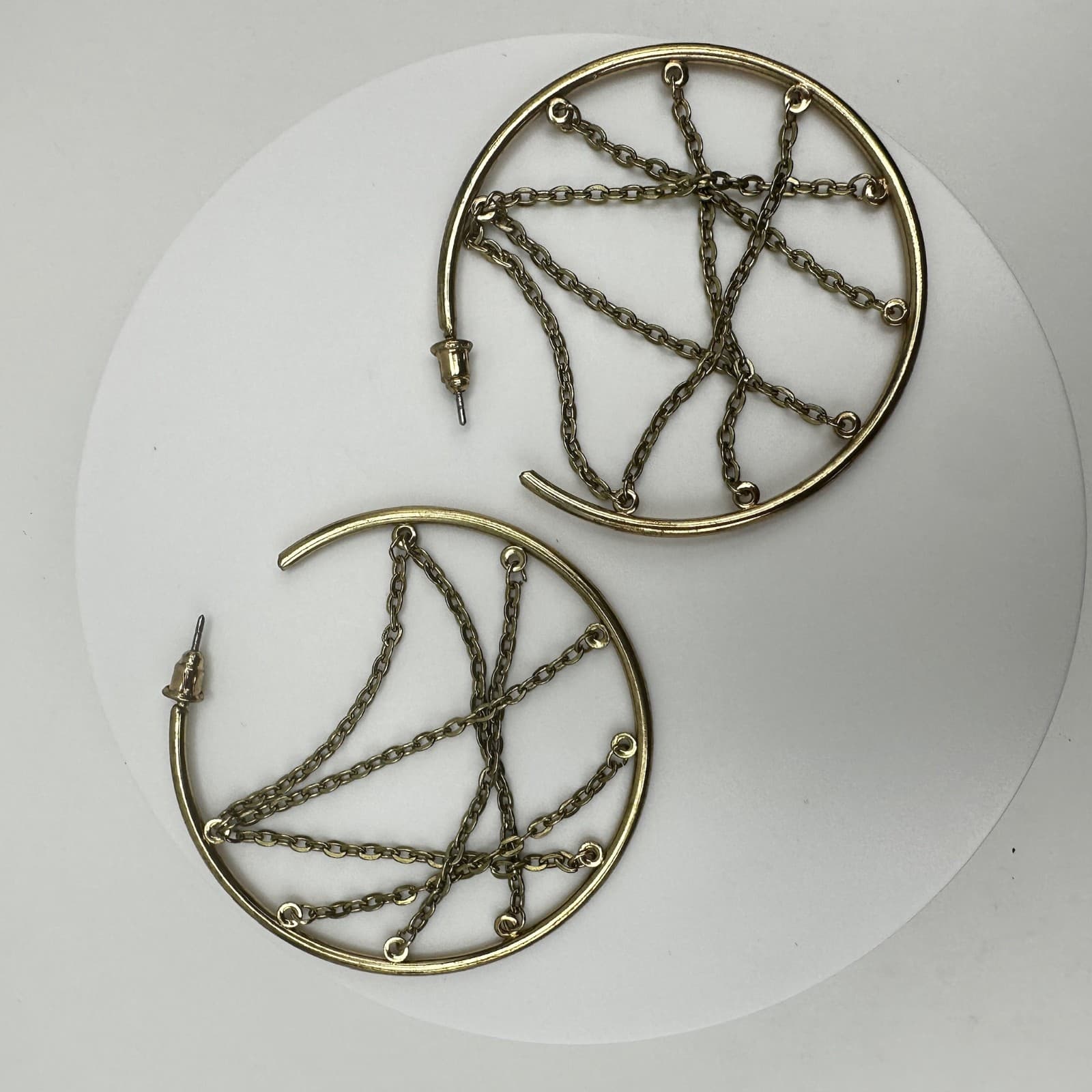 Vintage 90s Gold Tone Large Hoop Earrings Chain Web Geometric Women's Jewelry - Thumbnail 7