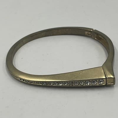 Vintage Gold Tone Bangle Bracelet Lot Rhinestone Hinged Cuff Minimalist Modern - Thumbnail 4