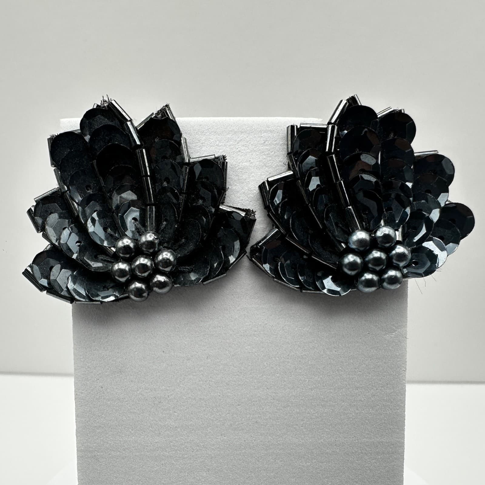 Vintage 80s Black Beaded Sequin Statement Floral Earrings Women's Jewelry - Image 1