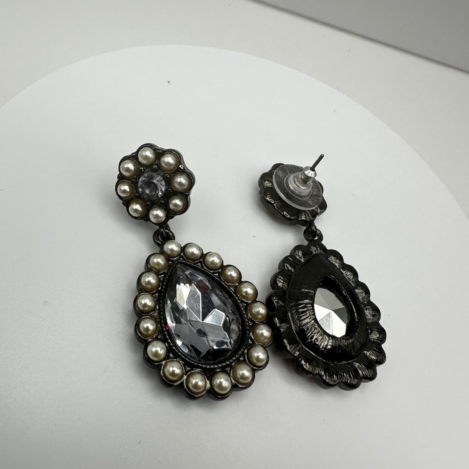 Vintage 90s Teardrop Pearl Gunmetal Earrings Dangal Statement Women's Jewelry - Thumbnail 6