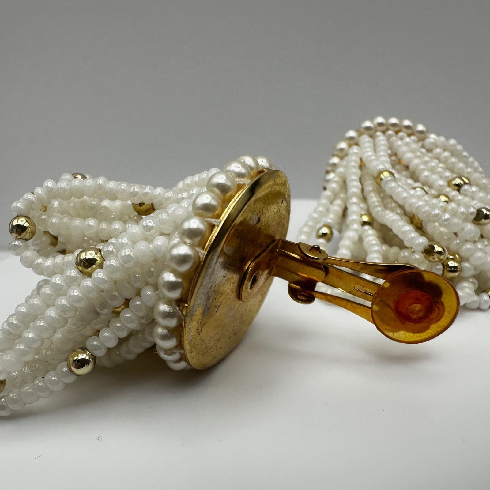 Vintage 80s White Seed Pearl Bead Tassel Earrings Gold Tone Women's Jewelry - Thumbnail 6