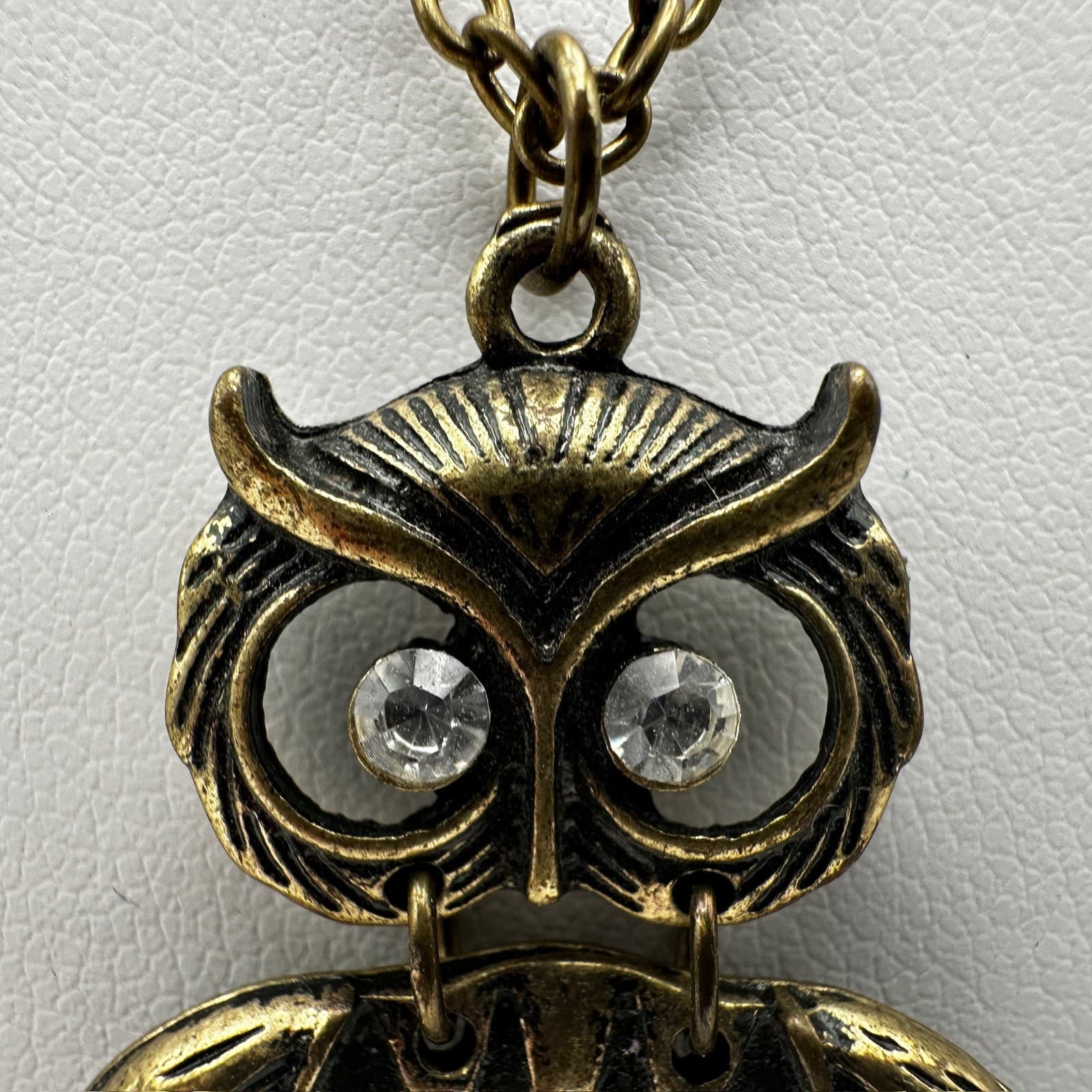 Vintage 90s Bronze Owl Pendant Necklace Crystal Eyes Boho Whimsical Jewelry - Thumbnail 5