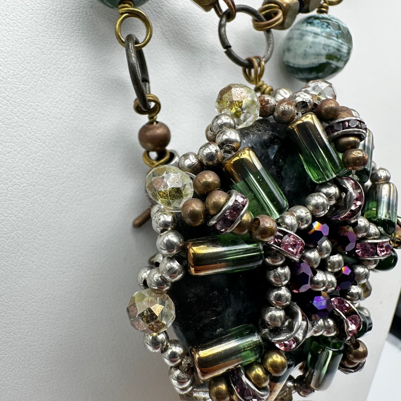 Vintage 90s Stone Bead Statement Necklace Boho Lobster Clasp Women's Jewelry - Thumbnail 4