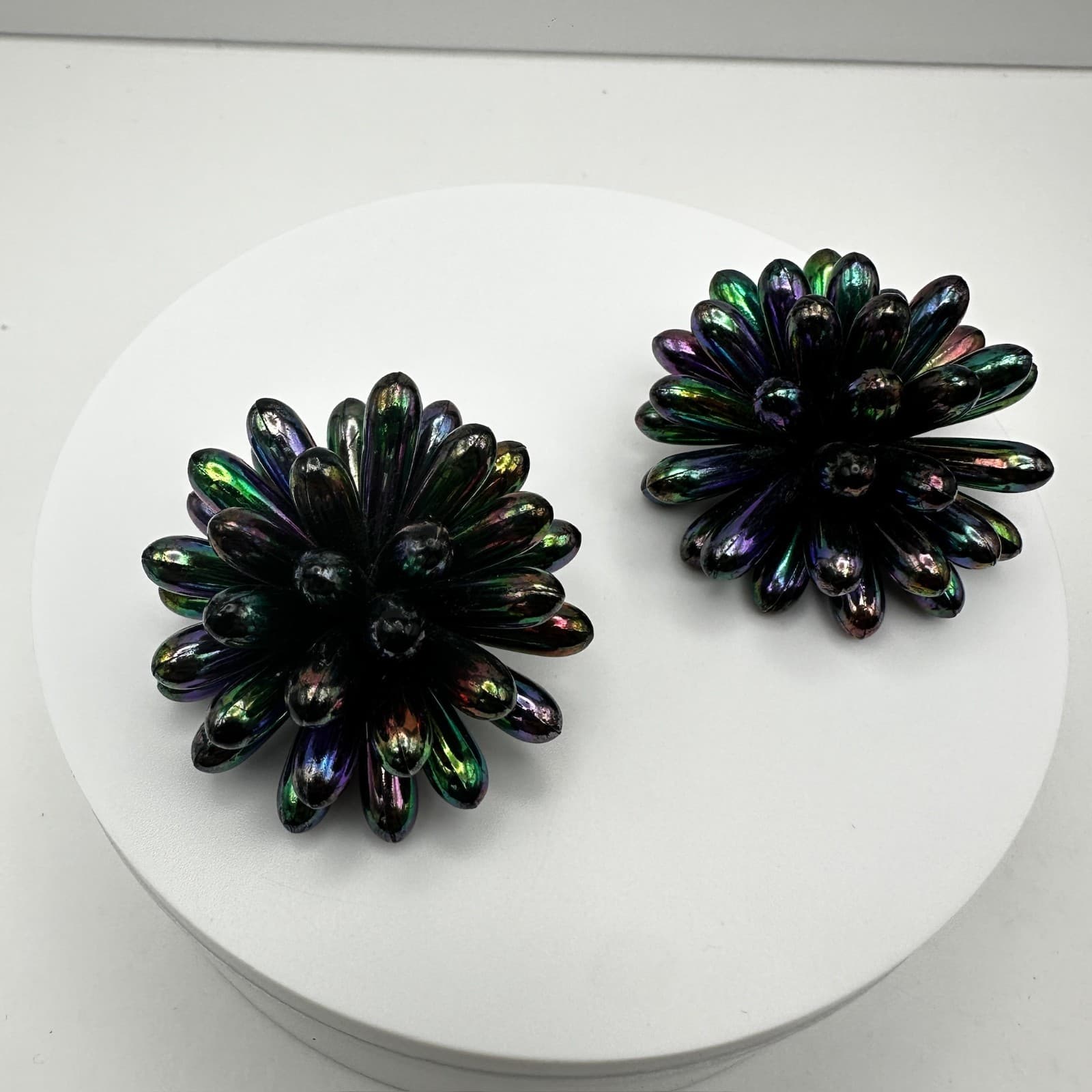 Vintage 80s Iridescent Oil Slick Burst Earrings Floral Statement Women's Jewelry - Thumbnail 2