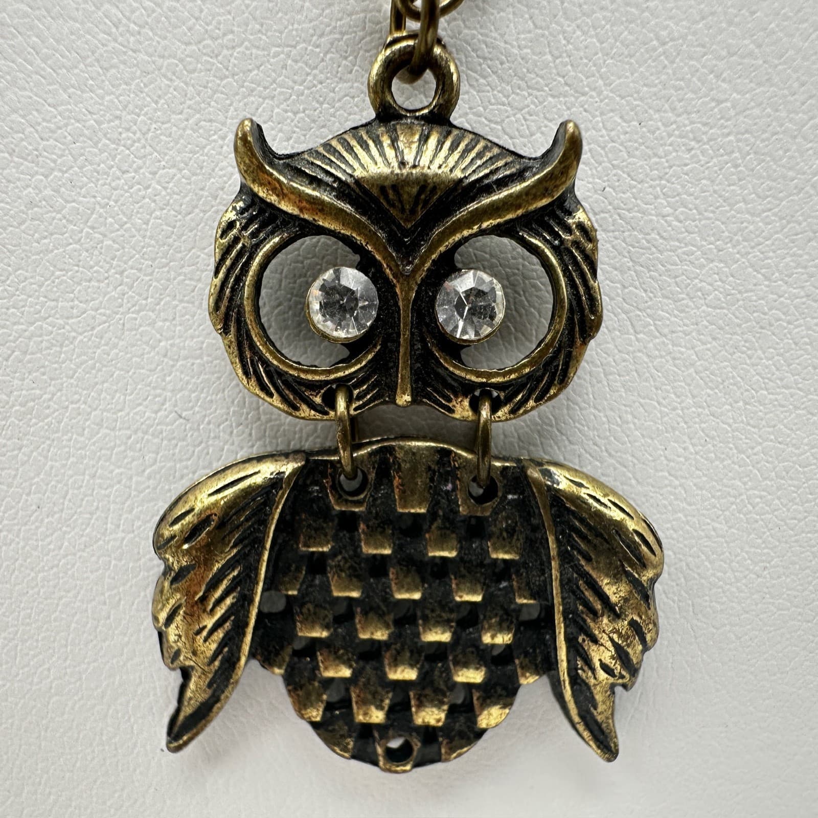 Vintage 90s Bronze Owl Pendant Necklace Crystal Eyes Boho Whimsical Jewelry - Thumbnail 4