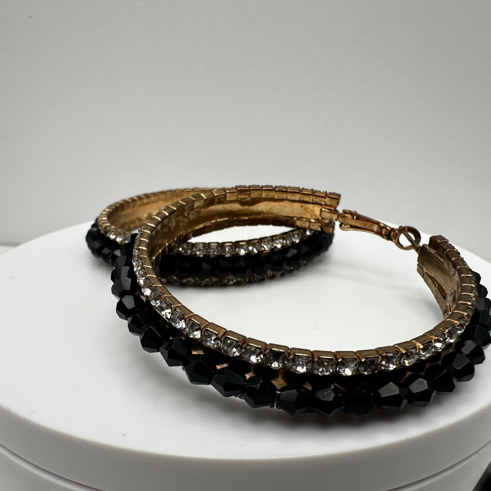 Vintage 90s Black Bead Clear Rhinestone Large Hoop Earrings Fashion Jewelry - Thumbnail 3