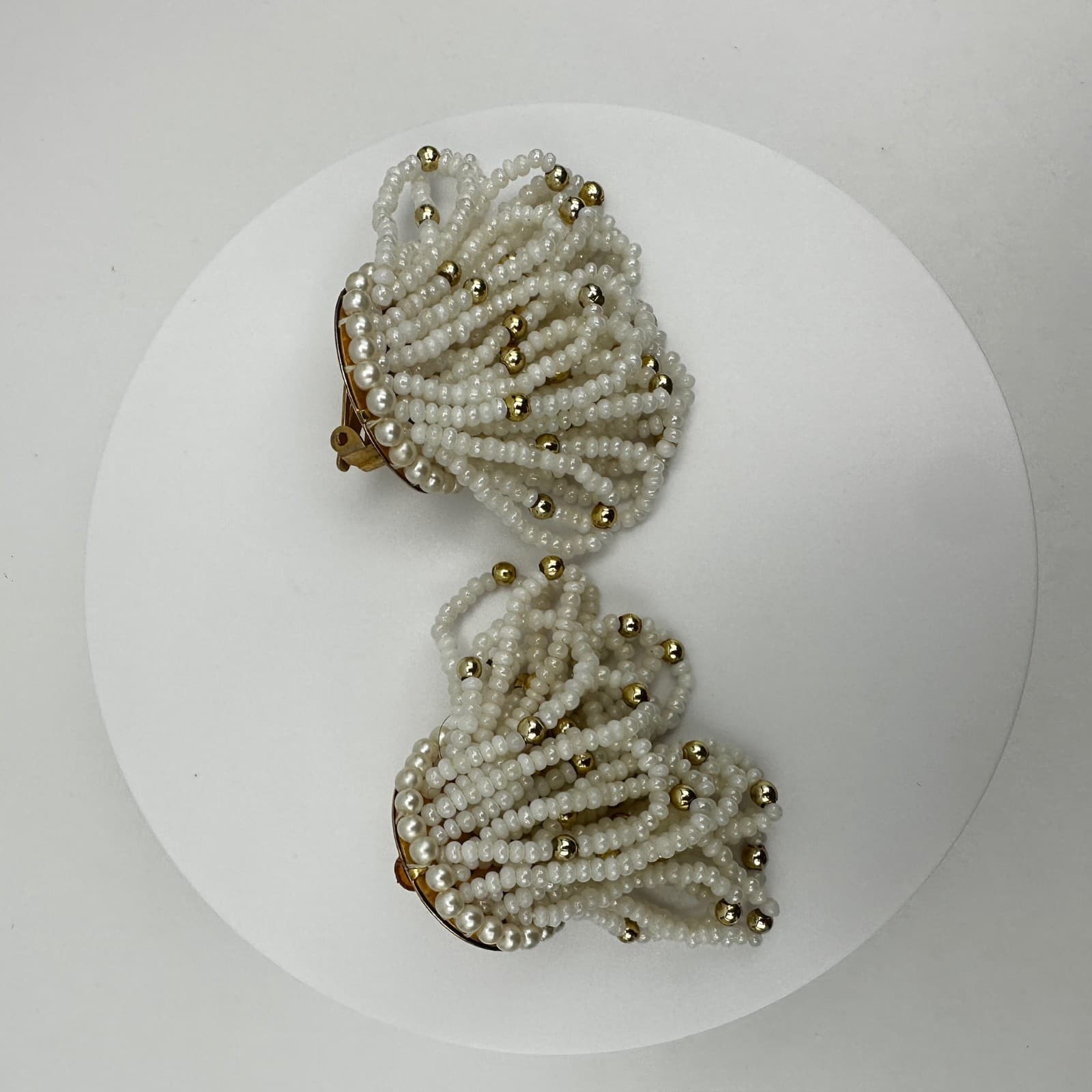 Vintage 80s White Seed Pearl Bead Tassel Earrings Gold Tone Women's Jewelry - Thumbnail 5