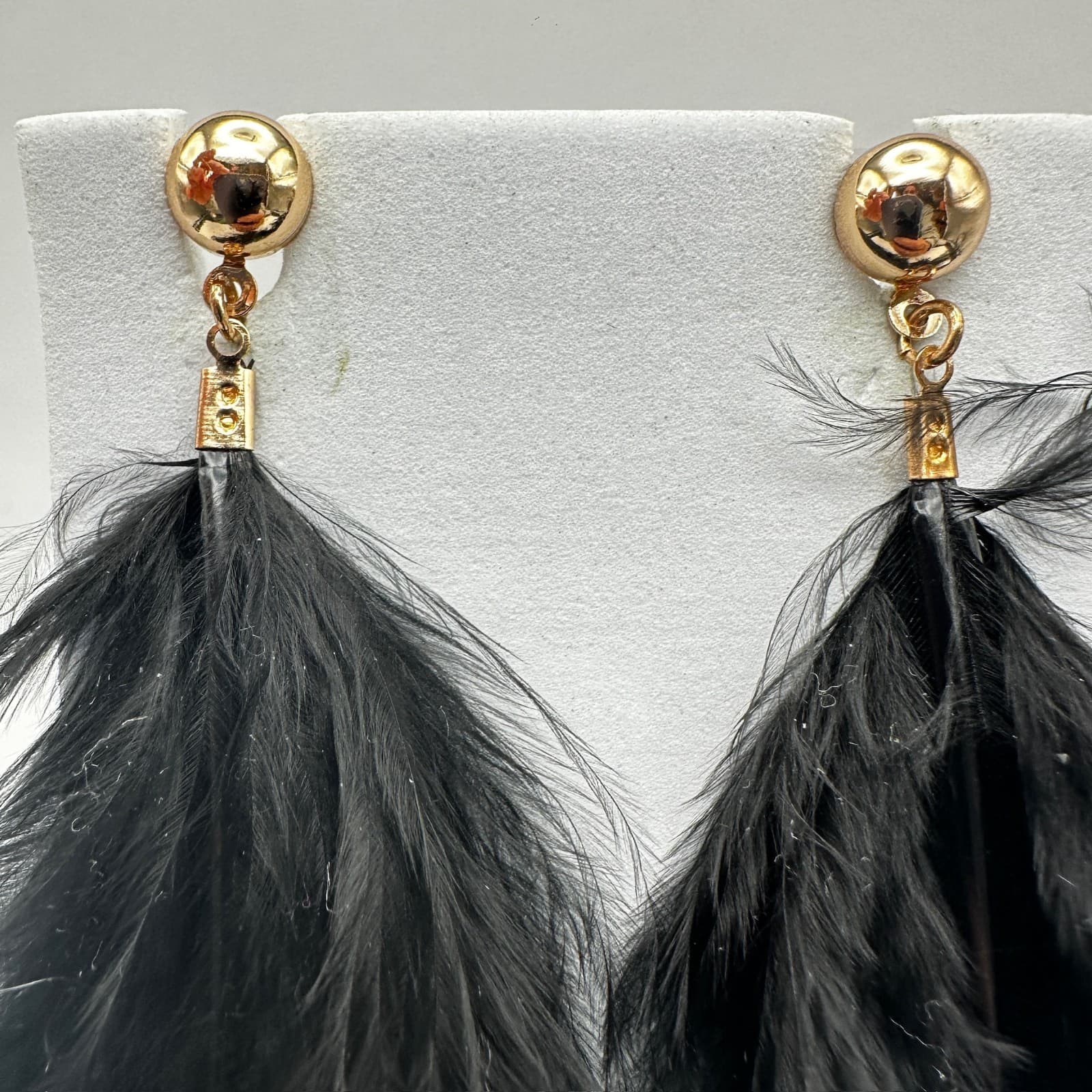 Vintage 90s Long Feather Drip Earrings Set Gold Tone Statement Pierced Jewelry - Thumbnail 7