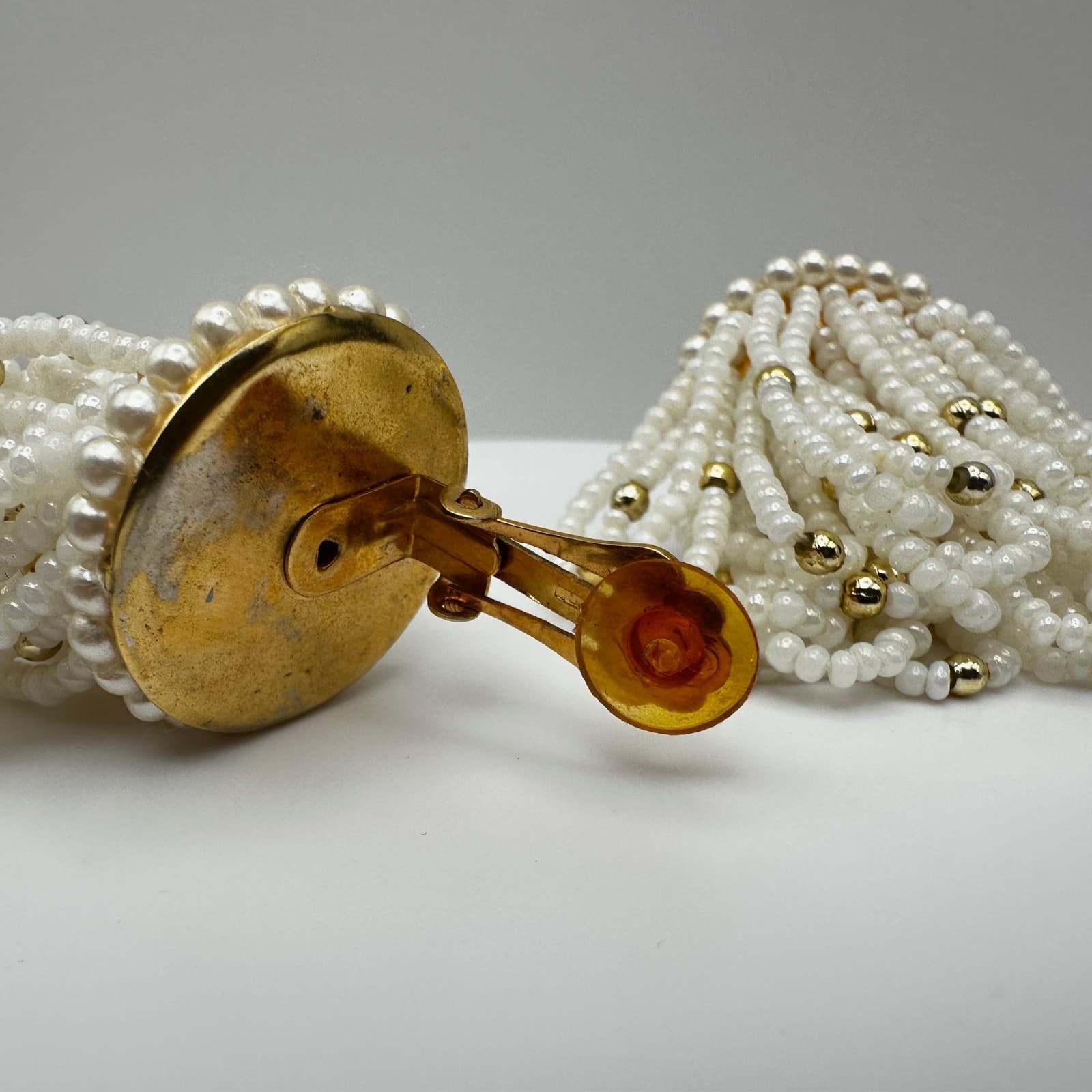 Vintage 80s White Seed Pearl Bead Tassel Earrings Gold Tone Women's Jewelry - Thumbnail 7