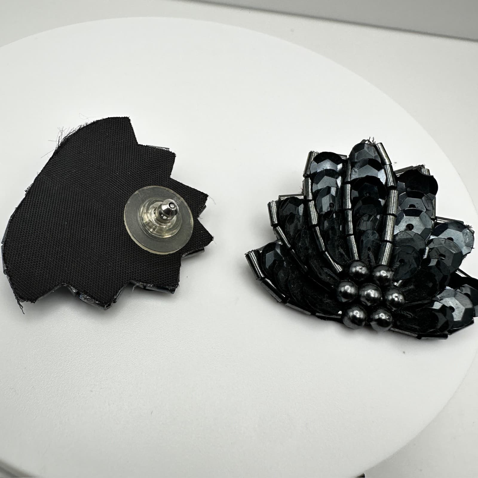 Vintage 80s Black Beaded Sequin Statement Floral Earrings Women's Jewelry - Thumbnail 13