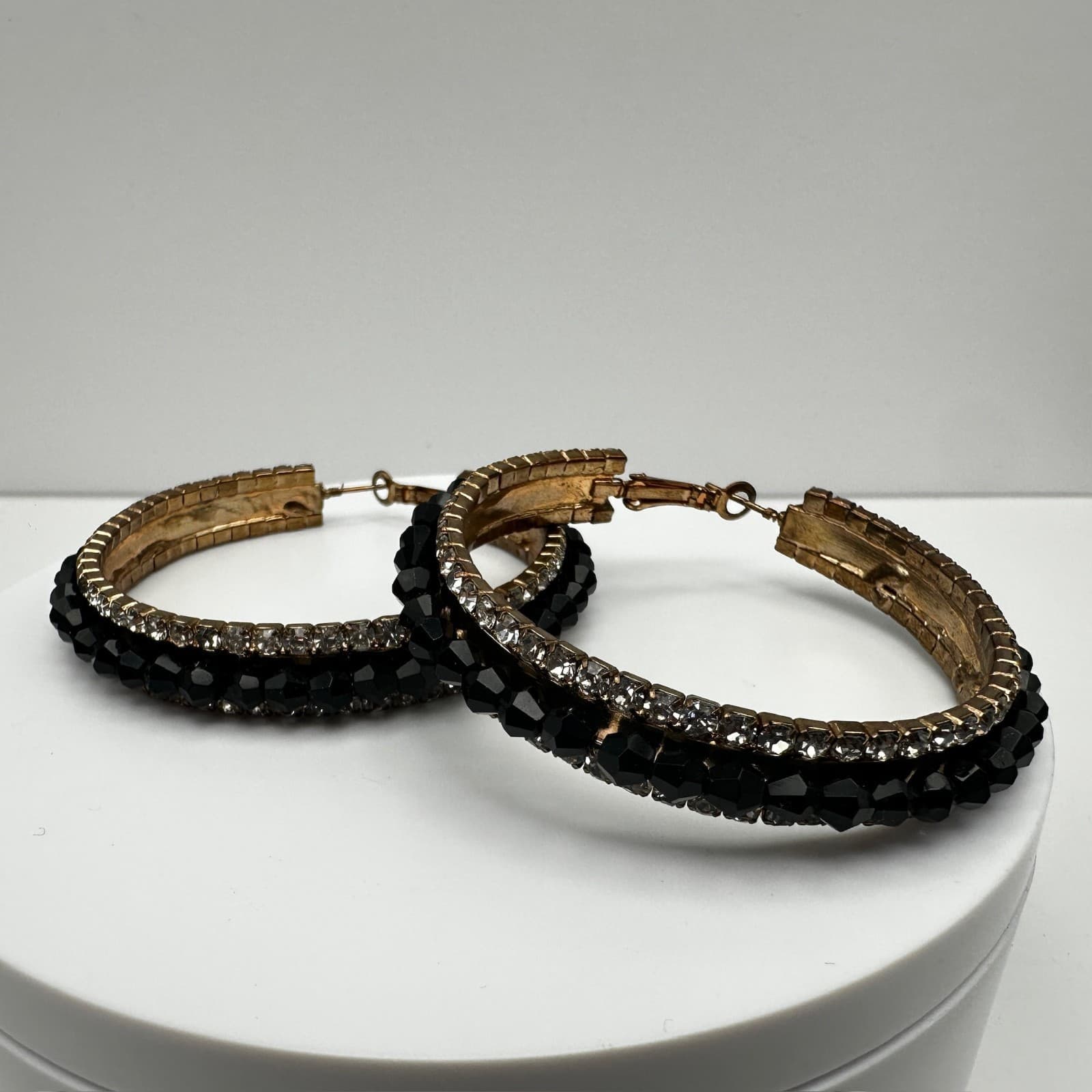Vintage 90s Black Bead Clear Rhinestone Large Hoop Earrings Fashion Jewelry - Thumbnail 2