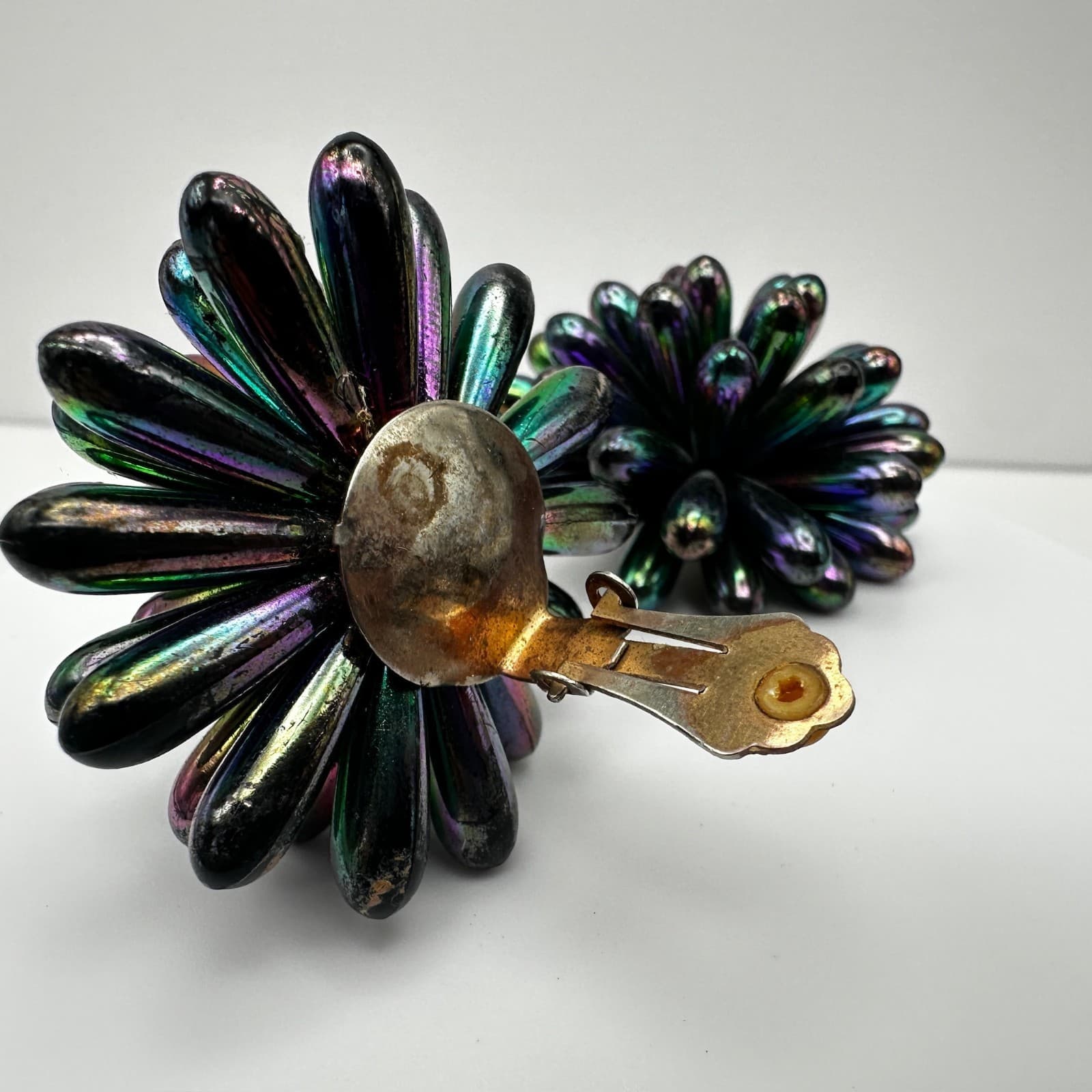 Vintage 80s Iridescent Oil Slick Burst Earrings Floral Statement Women's Jewelry - Thumbnail 7