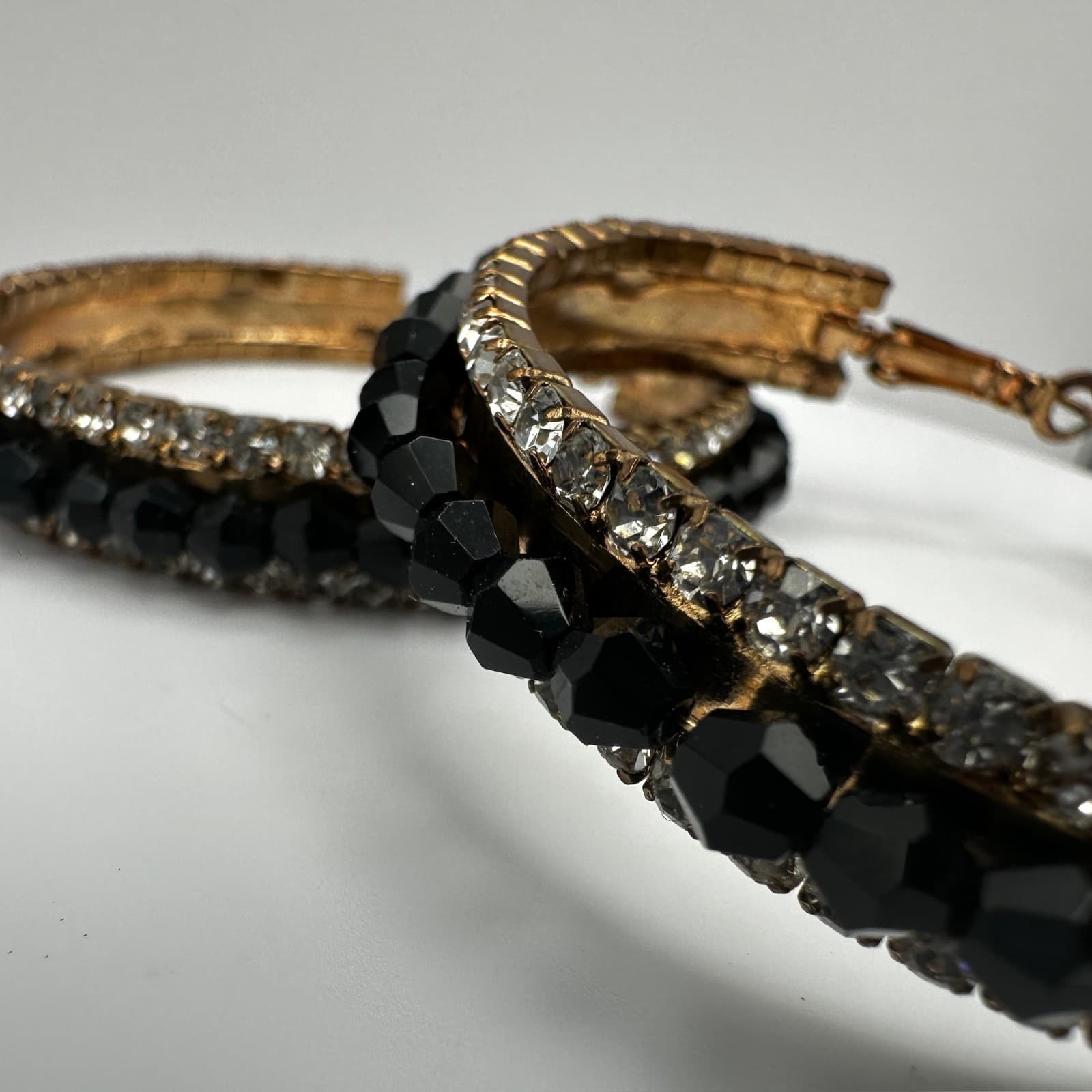 Vintage 90s Black Bead Clear Rhinestone Large Hoop Earrings Fashion Jewelry - Thumbnail 5