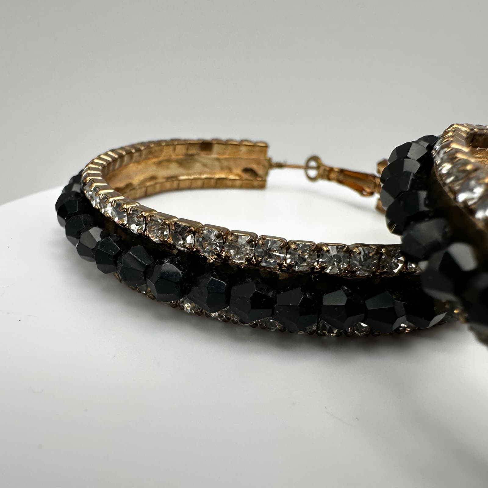 Vintage 90s Black Bead Clear Rhinestone Large Hoop Earrings Fashion Jewelry - Thumbnail 7