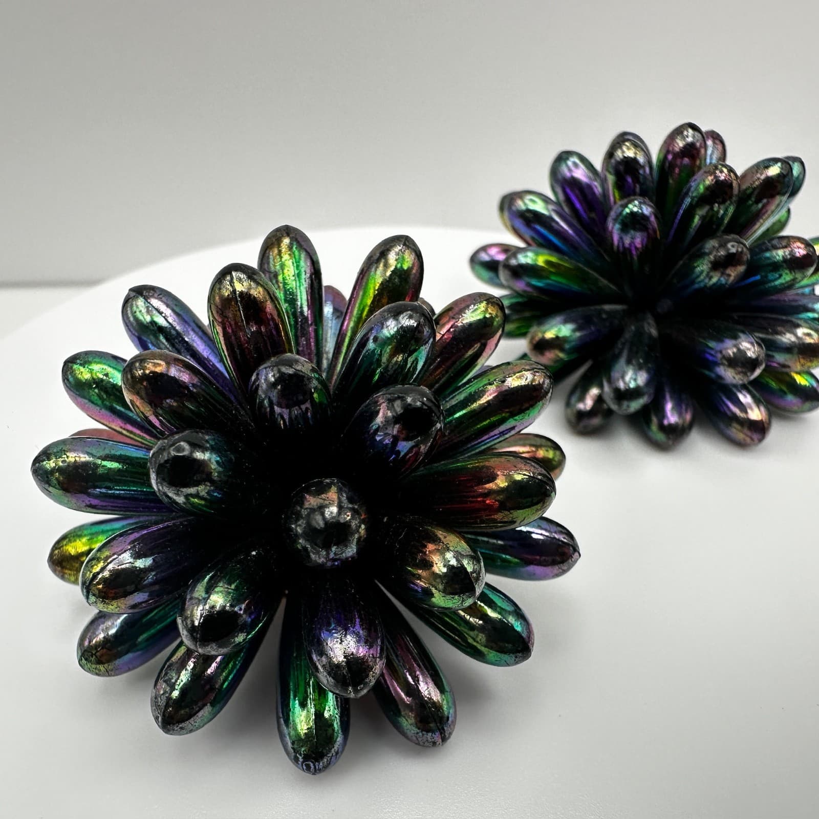 Vintage 80s Iridescent Oil Slick Burst Earrings Floral Statement Women's Jewelry - Thumbnail 6