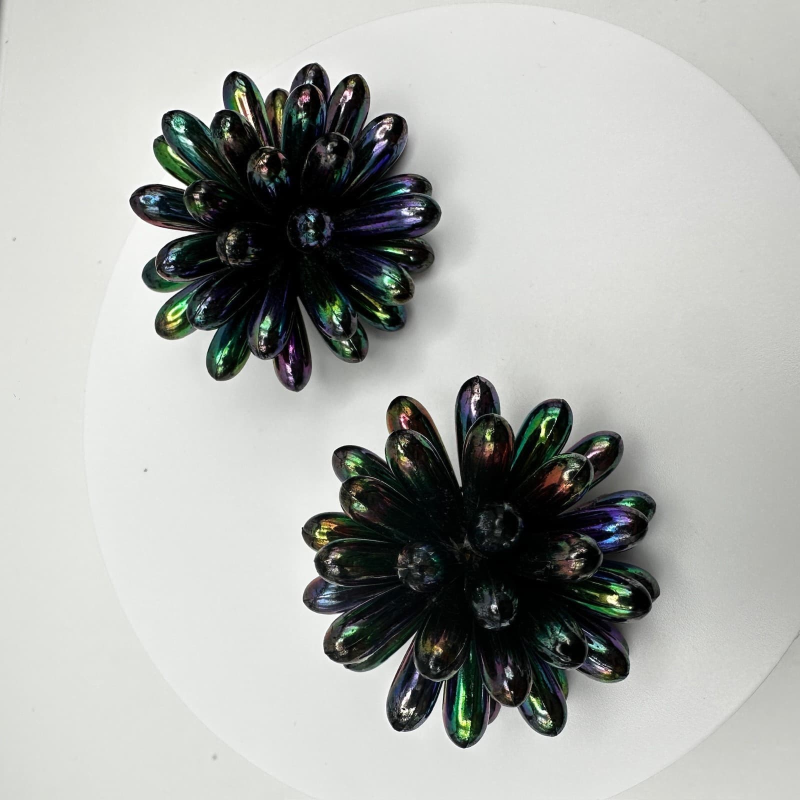 Vintage 80s Iridescent Oil Slick Burst Earrings Floral Statement Women's Jewelry - Thumbnail 9