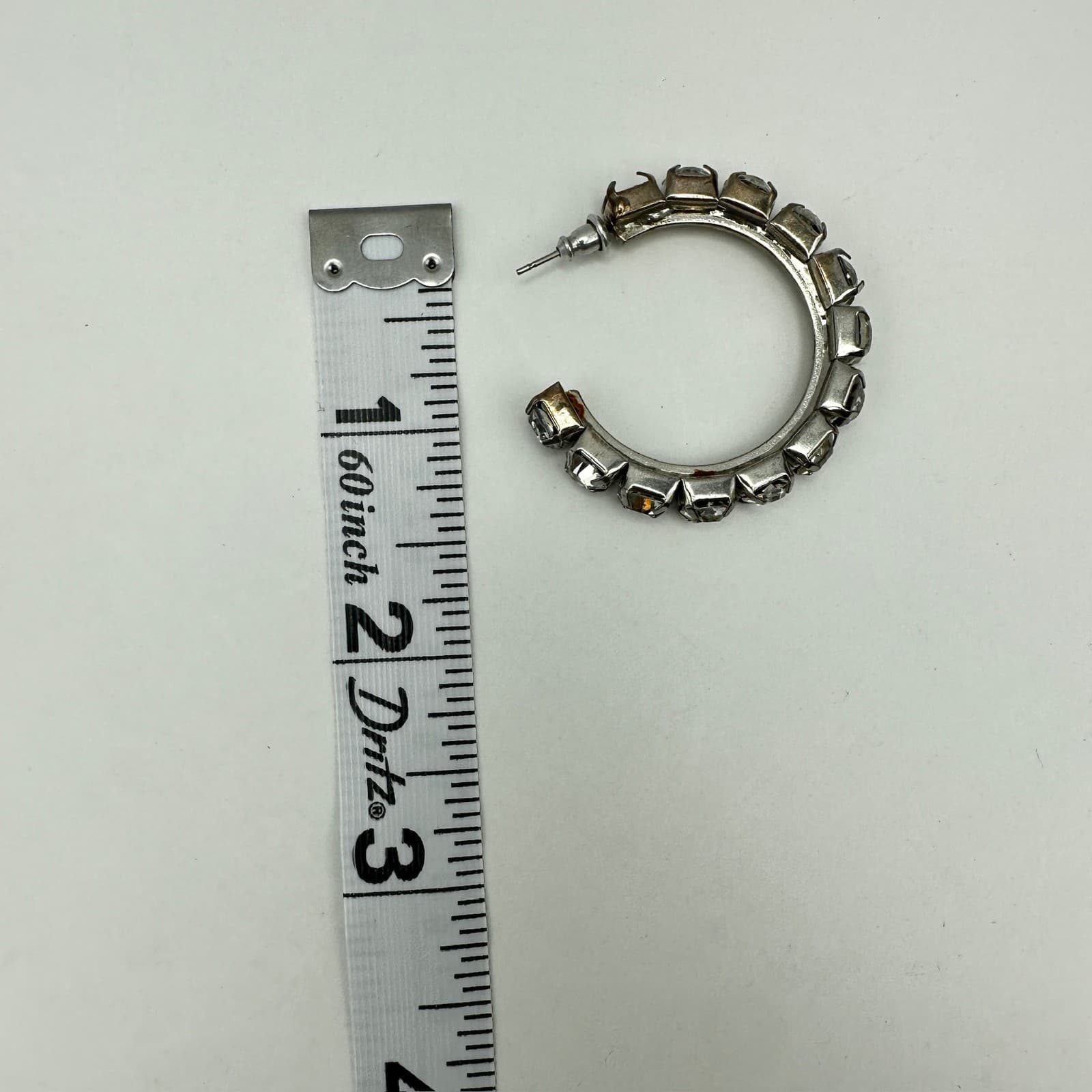 Vintage 90s Silver Tone Clear Glass Rhinestone Hoop Earrings Fashion Jewelry - Thumbnail 9
