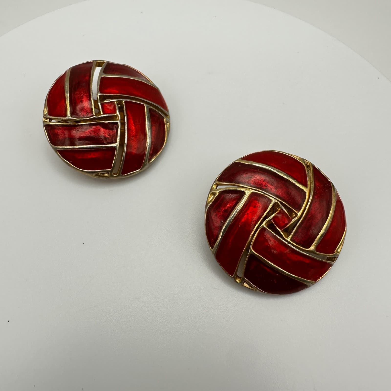 Vintage 80s Red Enamel Gold Tone Round Earrings Geometric Statement Jewelry - Thumbnail 2