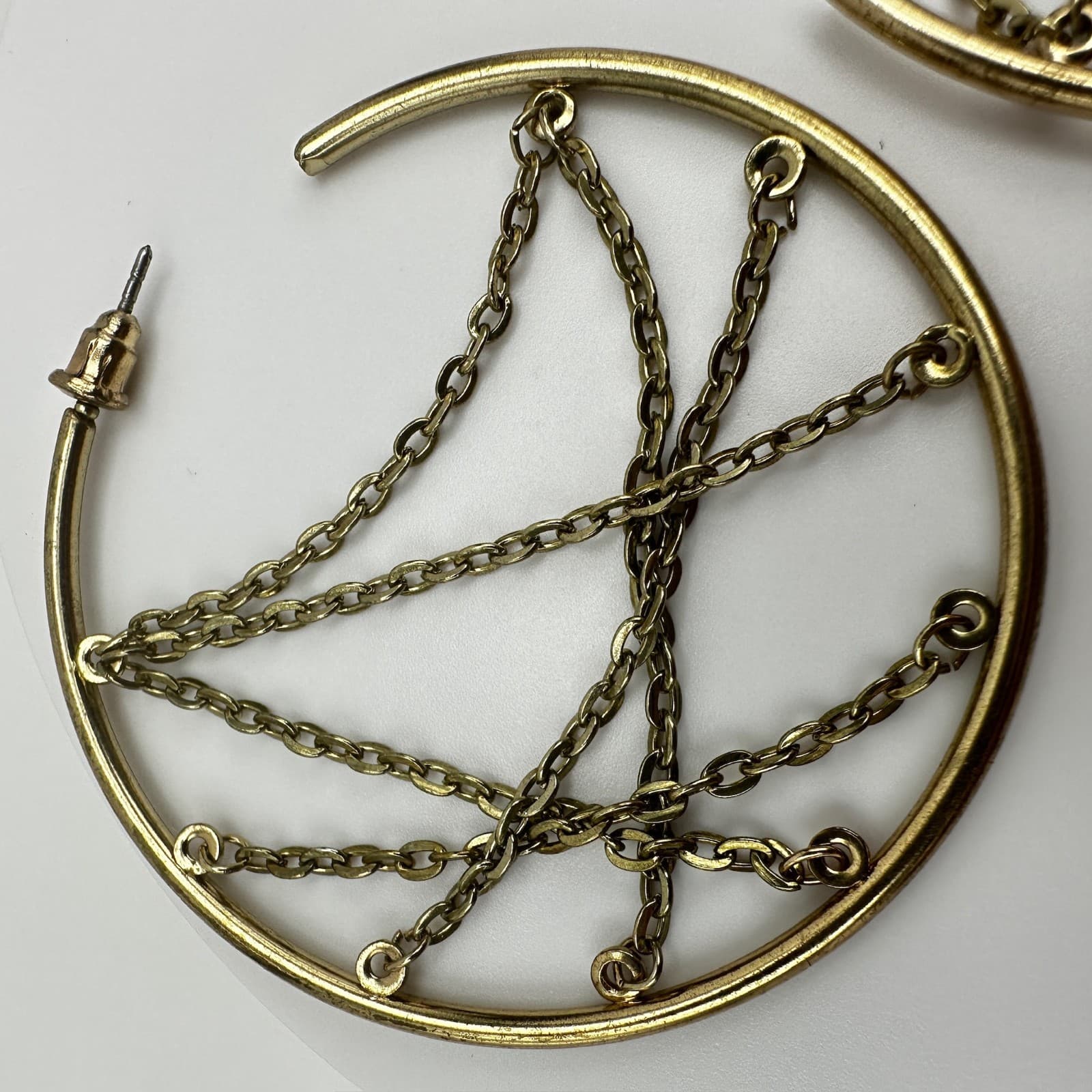 Vintage 90s Gold Tone Large Hoop Earrings Chain Web Geometric Women's Jewelry - Thumbnail 4