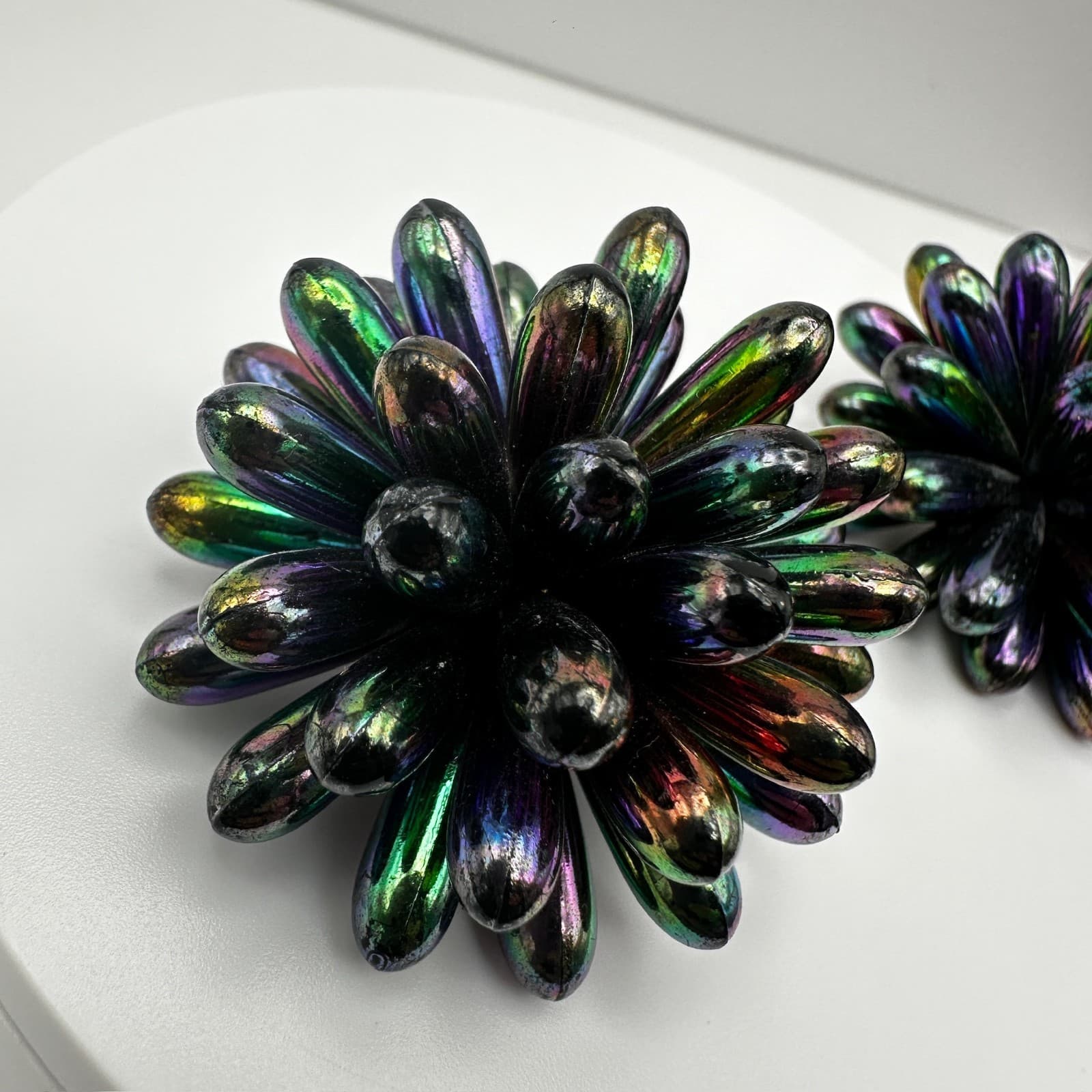 Vintage 80s Iridescent Oil Slick Burst Earrings Floral Statement Women's Jewelry - Thumbnail 3