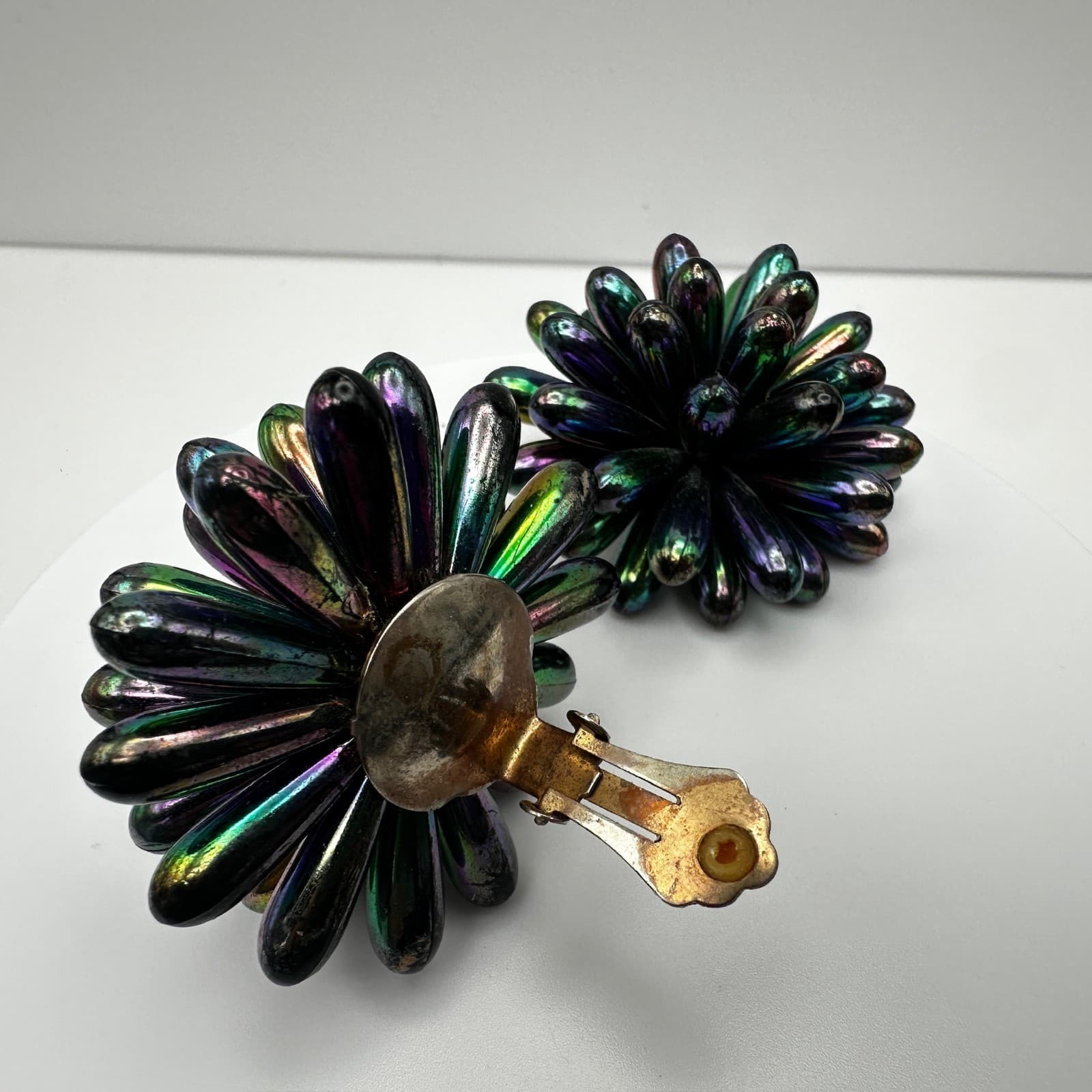Vintage 80s Iridescent Oil Slick Burst Earrings Floral Statement Women's Jewelry - Thumbnail 8